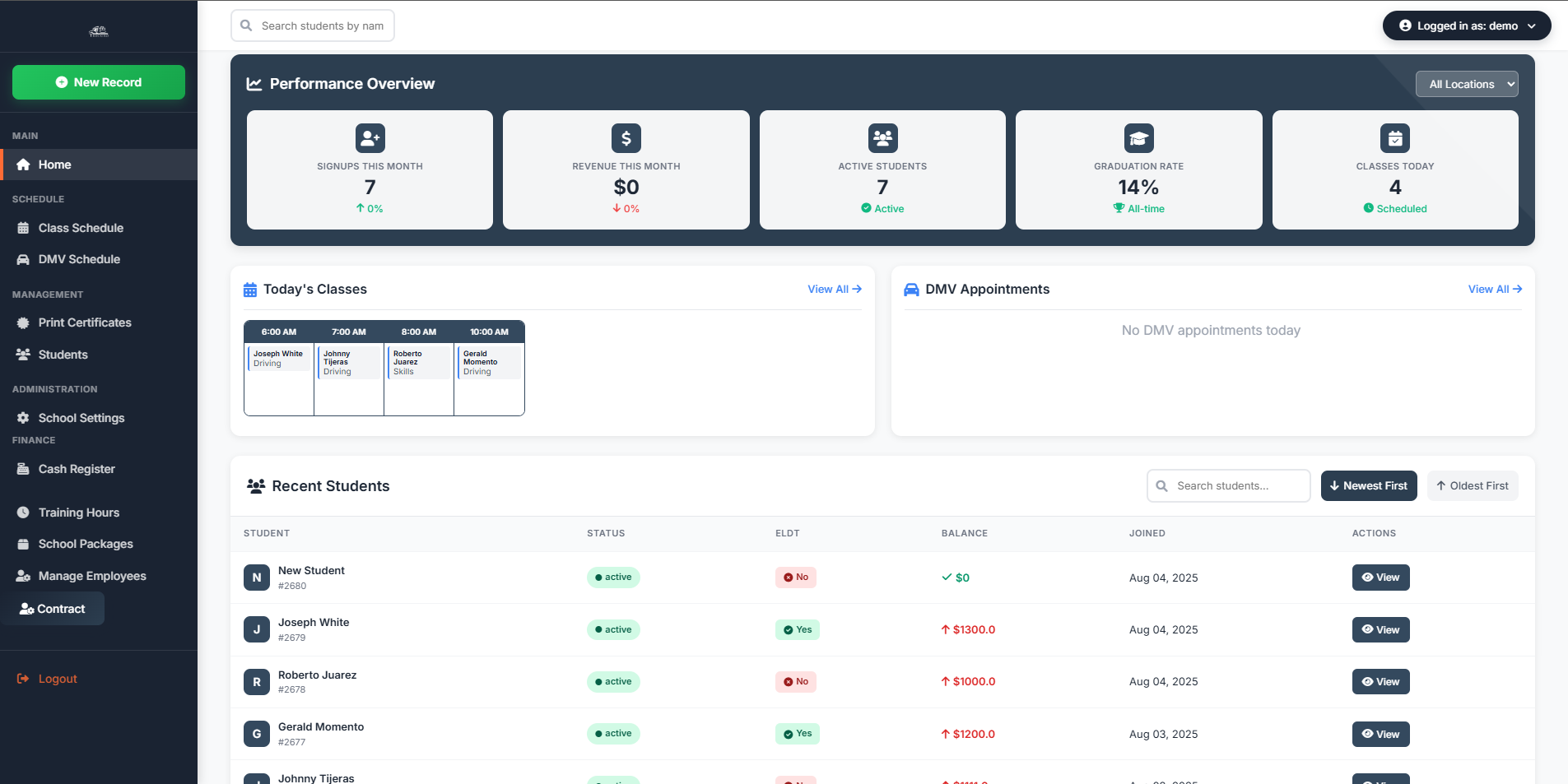 Truckiro CDL school management dashboard showing student tracking, scheduling, and analytics